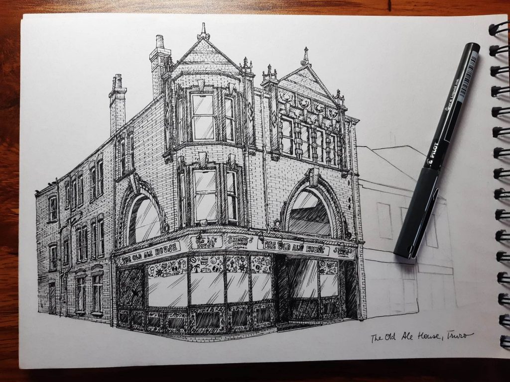 a detailed pen drawing of an old english-style building