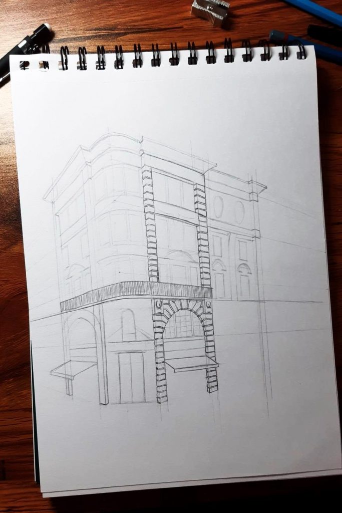 half-finished geometrical sketch of a building