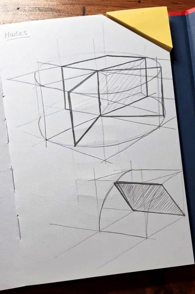 pencil sketch of a rotating door on a cube showing the principle of hinges