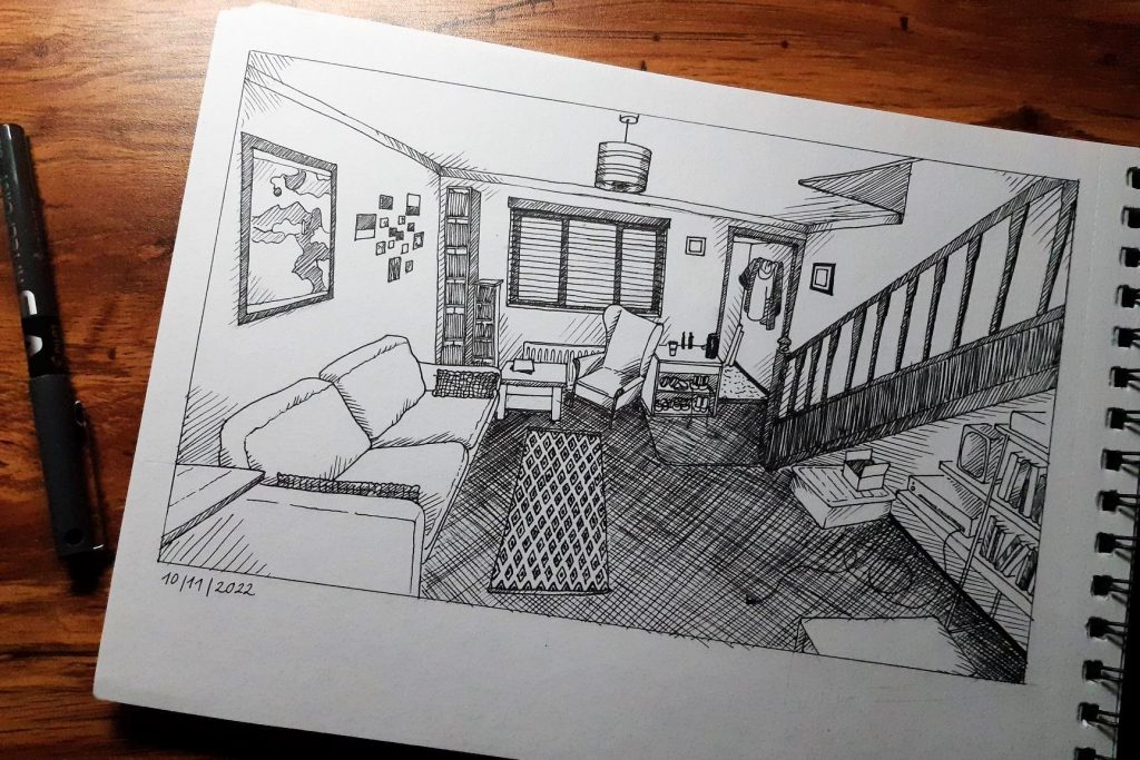 detailed pen drawing of a living room