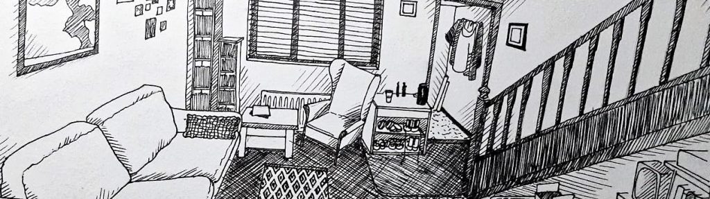 Detail of a pen drawing showing a living room