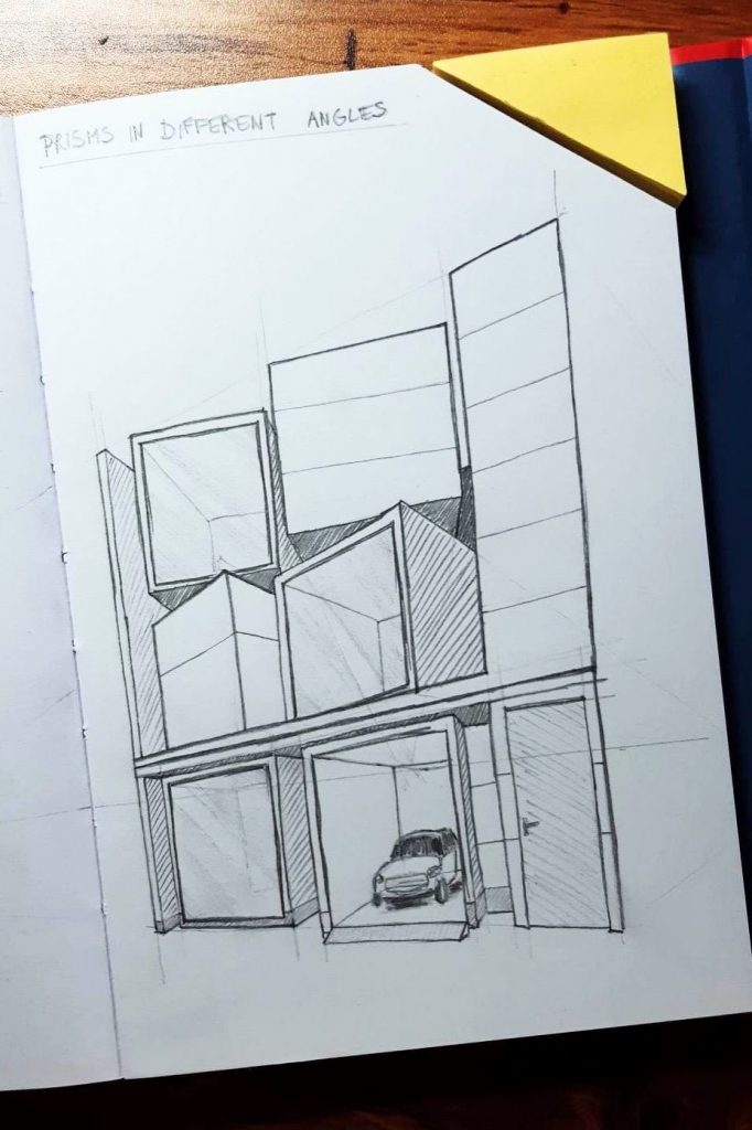 pencil drawing of a modern house made up of several cubes