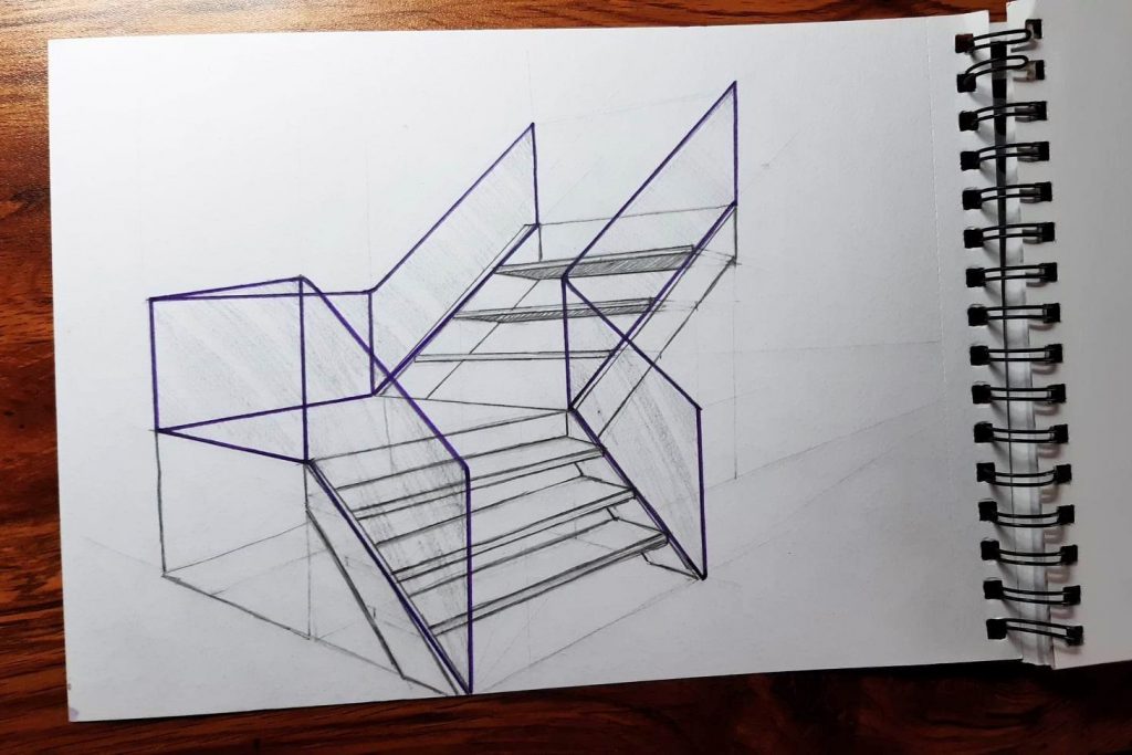 technical drawing of stairs with glass railings