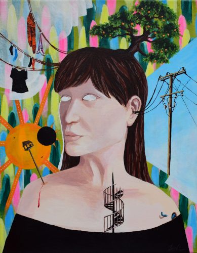 colouful painting of a woman with white eyes surrounded by various surreal objects