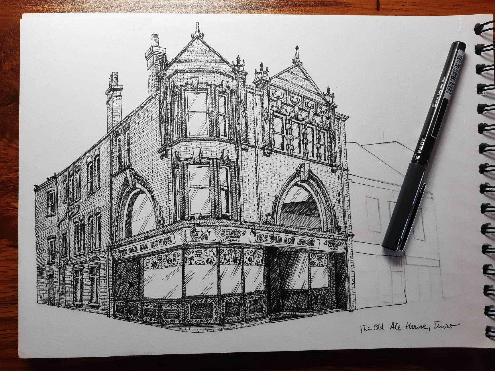 a detailed pen drawing of an old english-style building