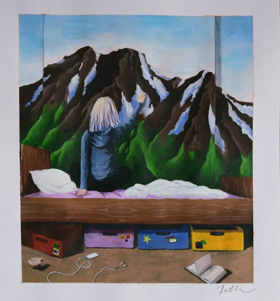 painting of a person sat on a bed facing a wall with a large mural showing mountains