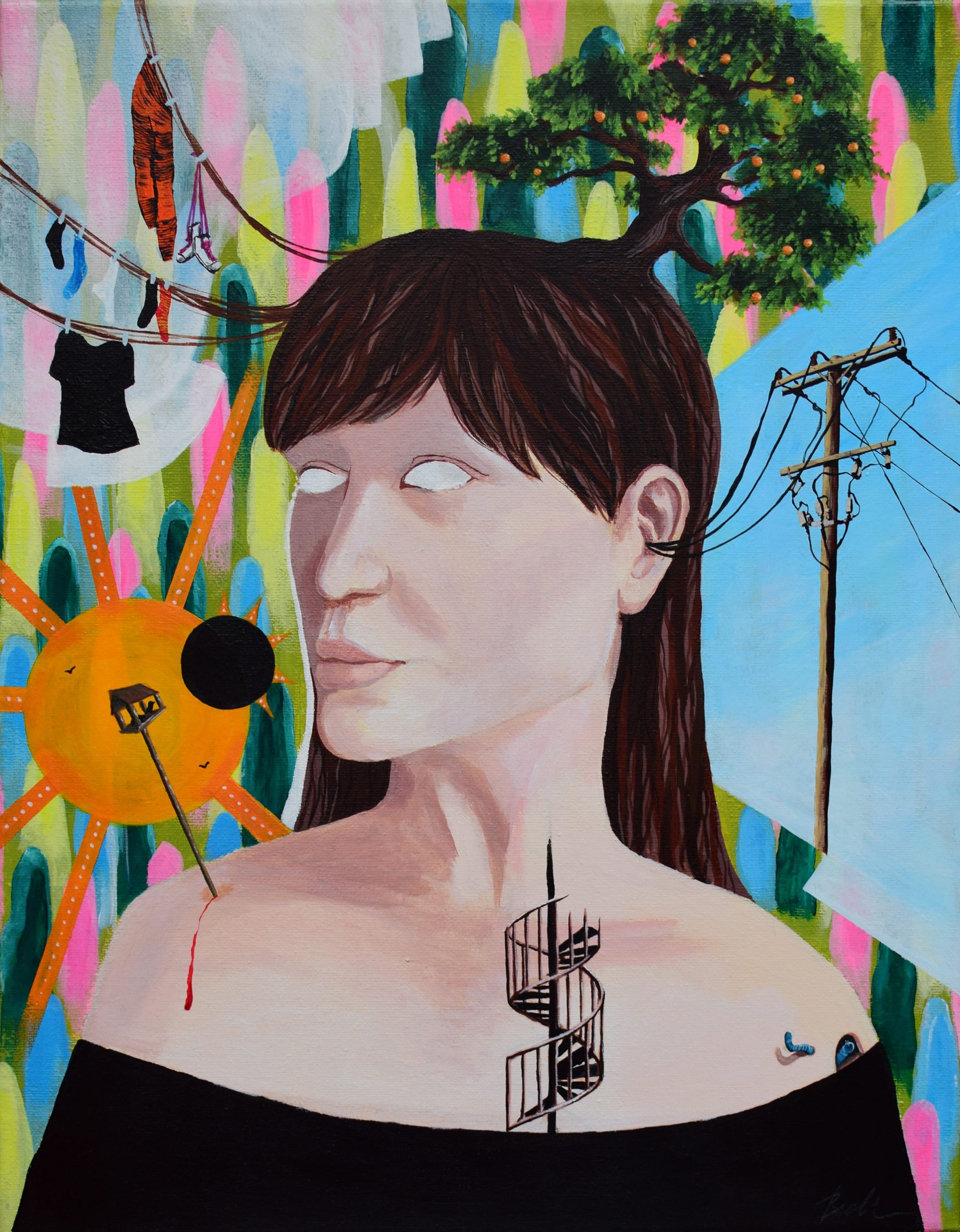 colouful painting of a woman with white eyes surrounded by various surreal objects